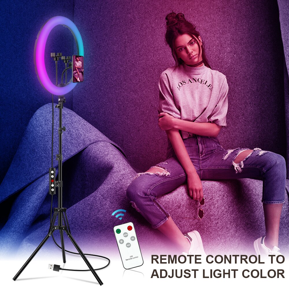 16 Inch Rgb Ring Licht Led Selfie Ring Licht Met 3 Telefoon Clips 200Cm Statief Stand Fotografische Verlichting Video live Vullen Lamp