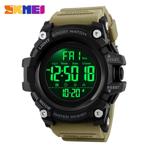 Skmei sport klokker herre digital klokke klokke 2 tid 12/24 timer el ligjt vanntett armbåndsur relogio masculino 1384: Khaki