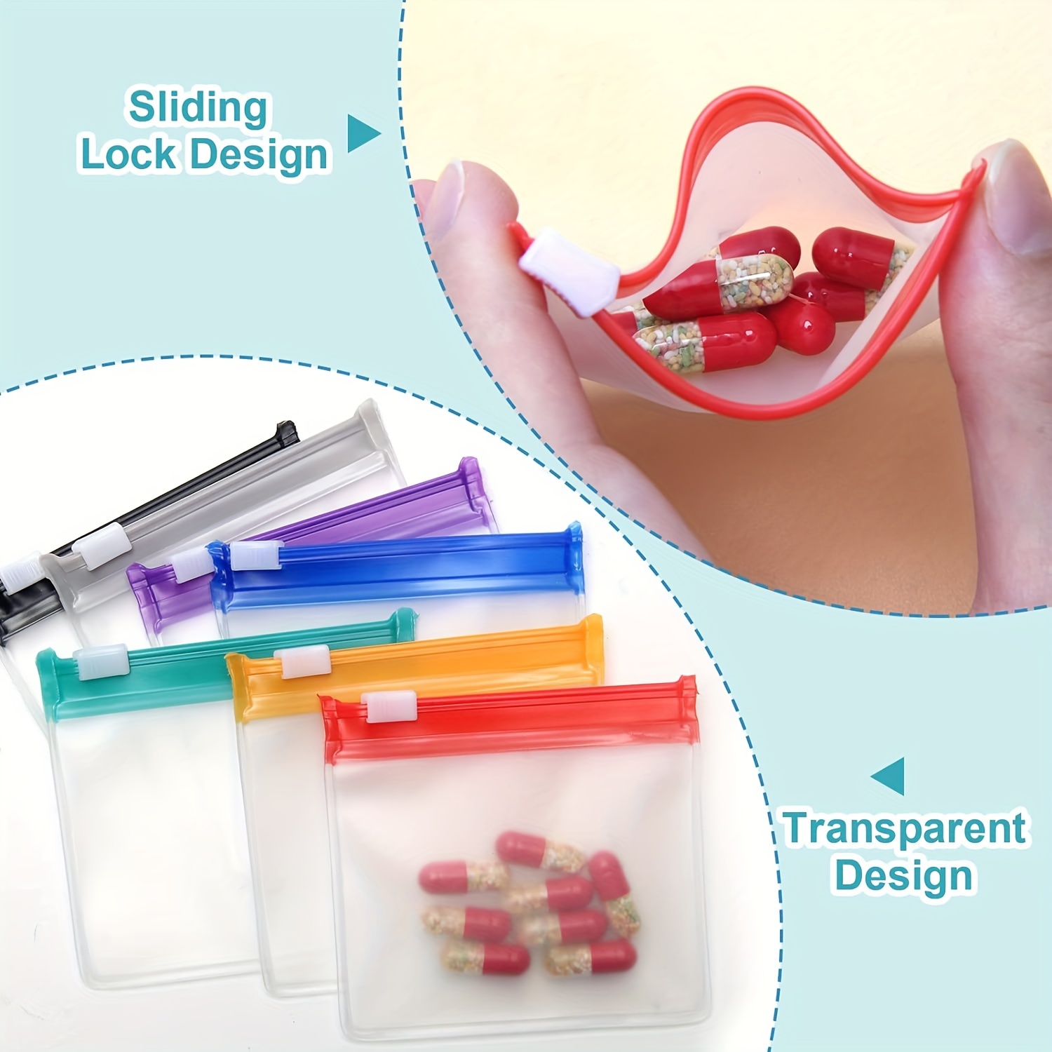 7 Uds. Bolsas para pastillas, juego de bolsas para pastillas reutilizables con cremallera, organizador de medicamentos autosellado de 7 colores, bolsas para medicamentos translúcidas Trave