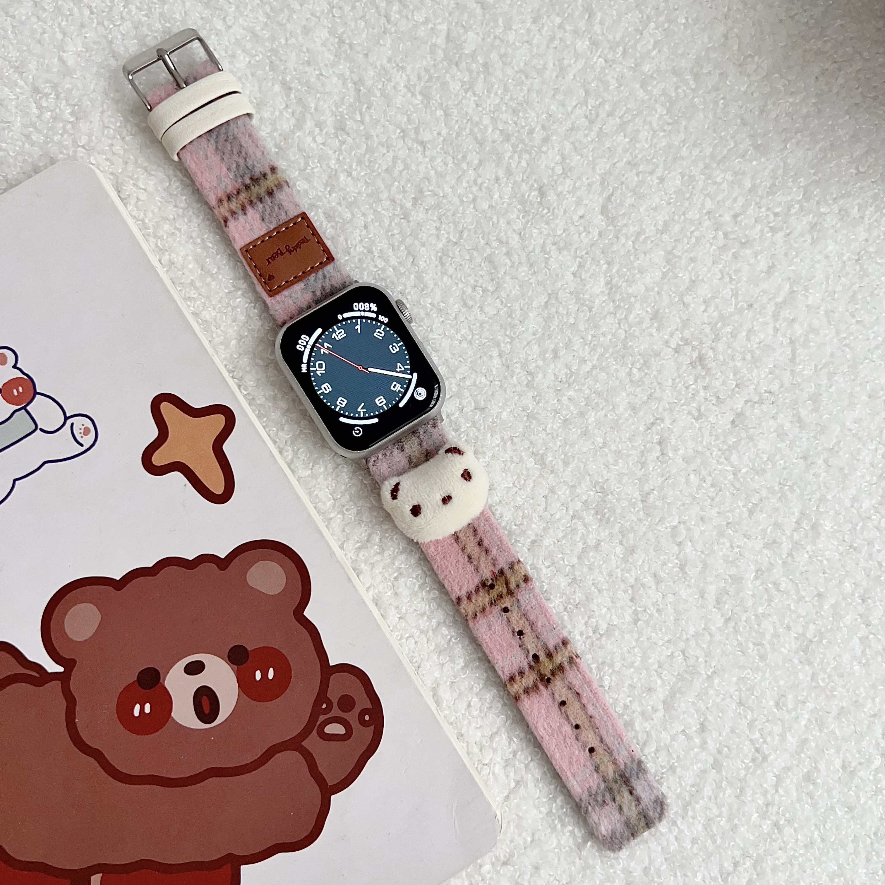 Leren band voor Apple Watch Band Meisjes Schattige beer Armbandketting met Iwatch9876SE Ultra40 41 44 45 mm Dames Pluche Doek Pols: M / GREEN BLUE