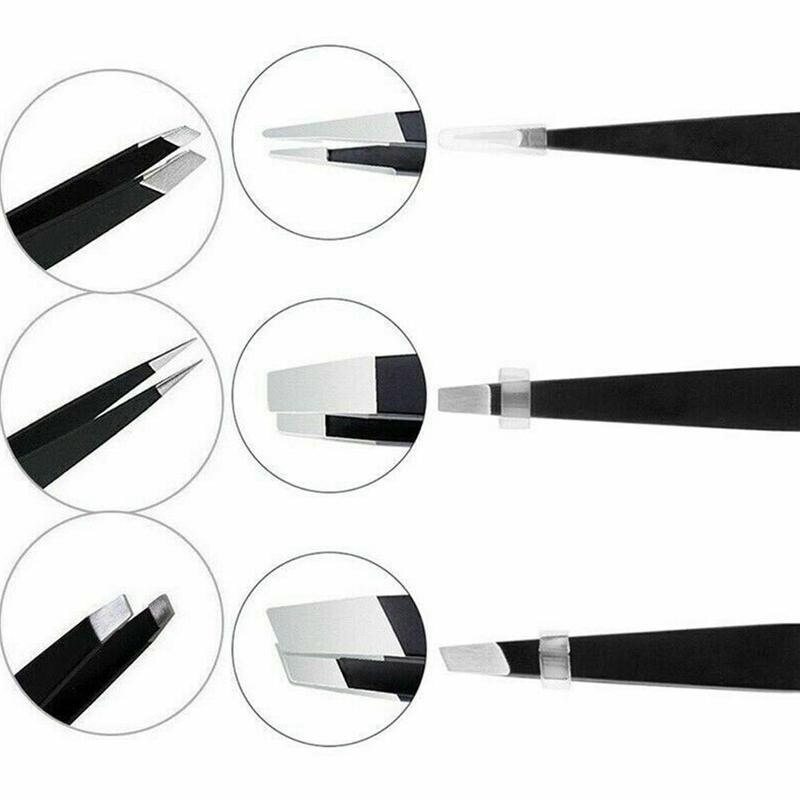 Set van 3 wenkbrauwpincetten, roestvrij staal, puntig, schuin haar, make-upclips, gereedschap, etui, puntig, plat, verwijdering met punt, wenkbrauw, oog
