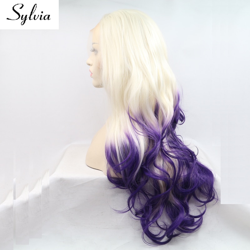 Sylvia platina blond med lila spetsar ombre body wave syntetisk spets främre peruker sidospår värmebeständigt fiberhår
