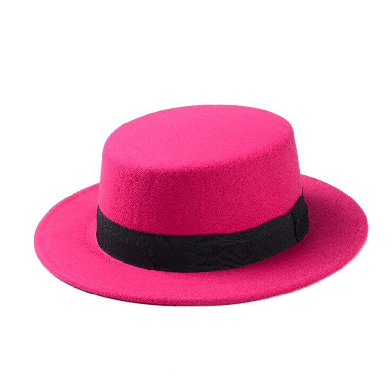 10 Color Men Women Fedora Hat Flat Dome Oval Top Bowler Porkpie Toca Sombrero Hat With Black Ribbon Band 10: Rose red