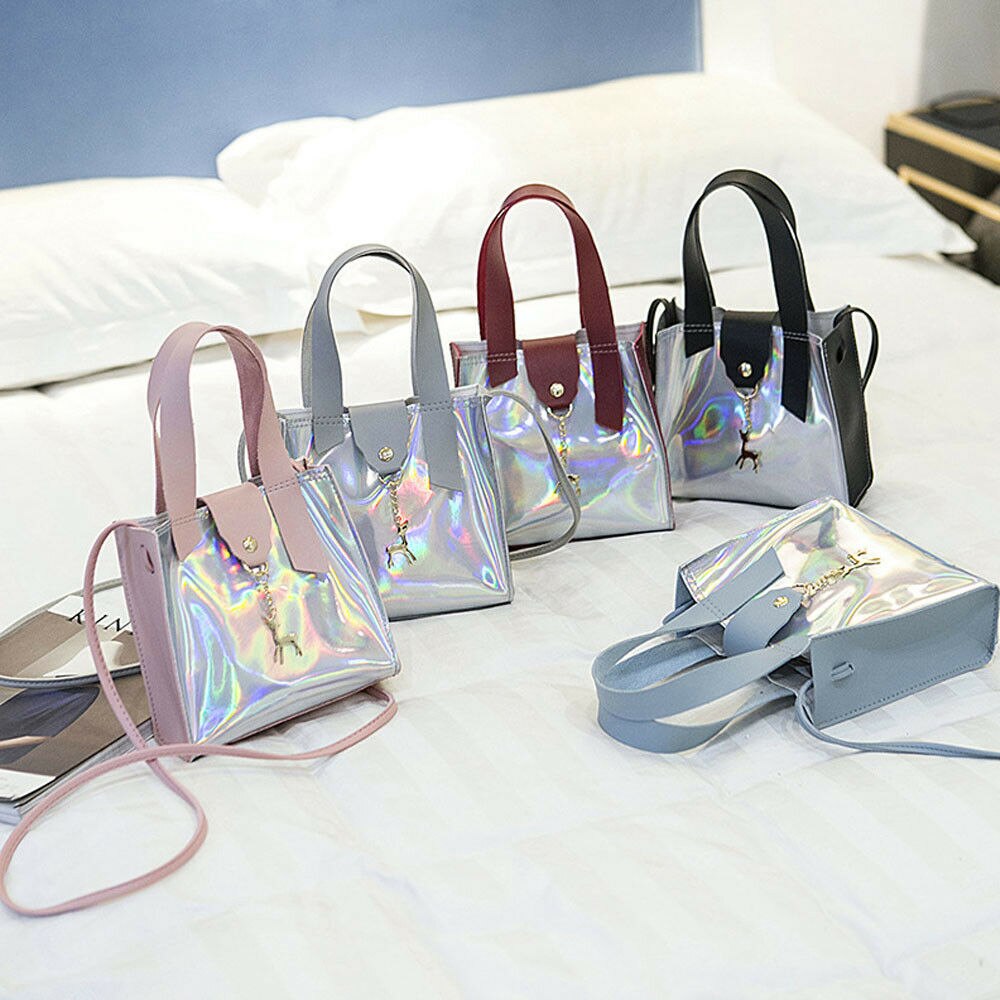 Women's PVC Holographic Bag Clear Transparent Small Tote Hologram Handbag Purse