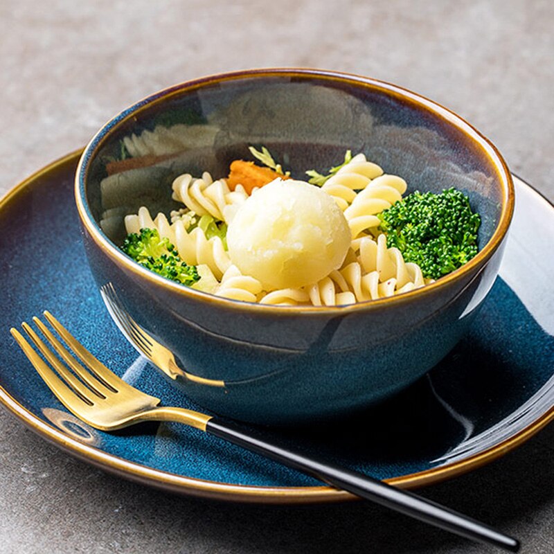 Retro ceramic tableware household dishes, dishes, steak dishes, rice bowls, soup bowls, noodle bowls, Nordic solid color Western