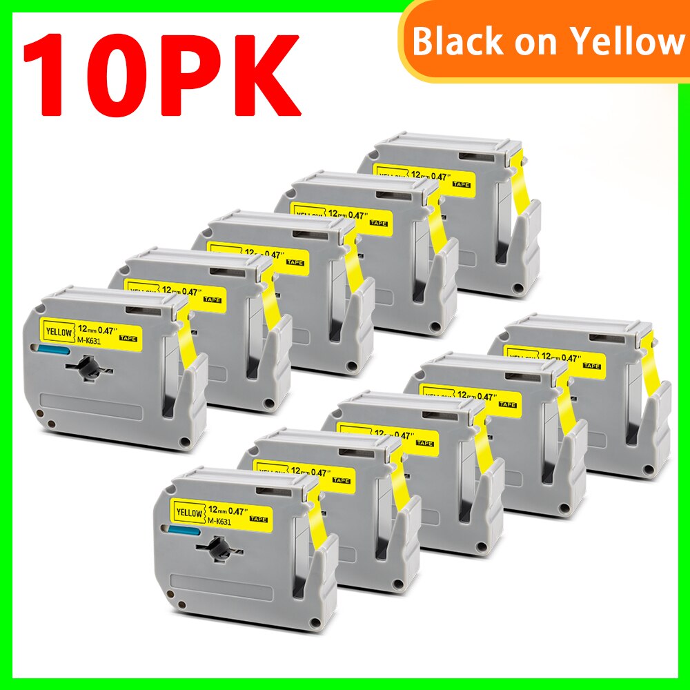 10pk sorte på hvide m -k231 labels til brother  mk 231 mk-231 label tape m tape 12mm label tape til brother p touch label maker: 10pk- sorte på gule / 9mm