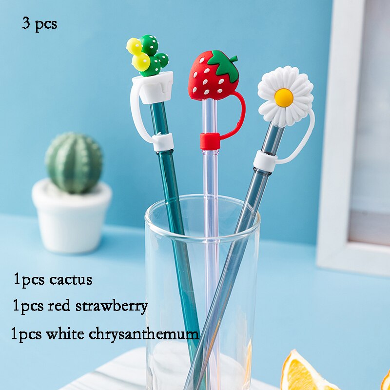 Bouchon de paille en Silicone, capuchon anti-poussière, tasse à boire réutilisable, accessoires de paille en verre, bouchon de dessin animé, couvercle de tête d'aspiration, mignon universel: 3 PCS mixed pack