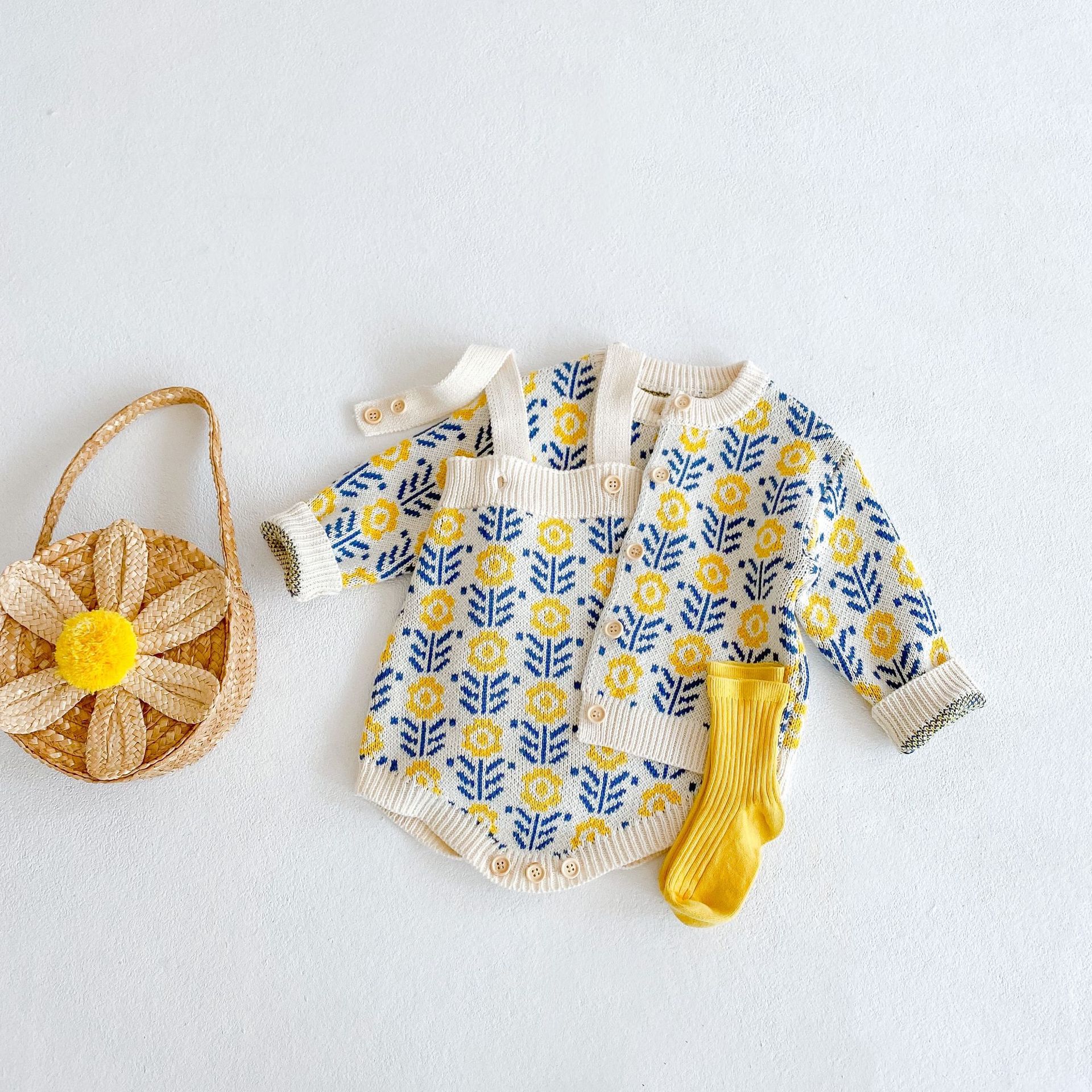2022 wiosenne ubranka dla dzieci ubrania dla dzieci sweter z kwiatkiem baby girl sweter dziergany + romper crawling suit dwuczęściowy zestaw