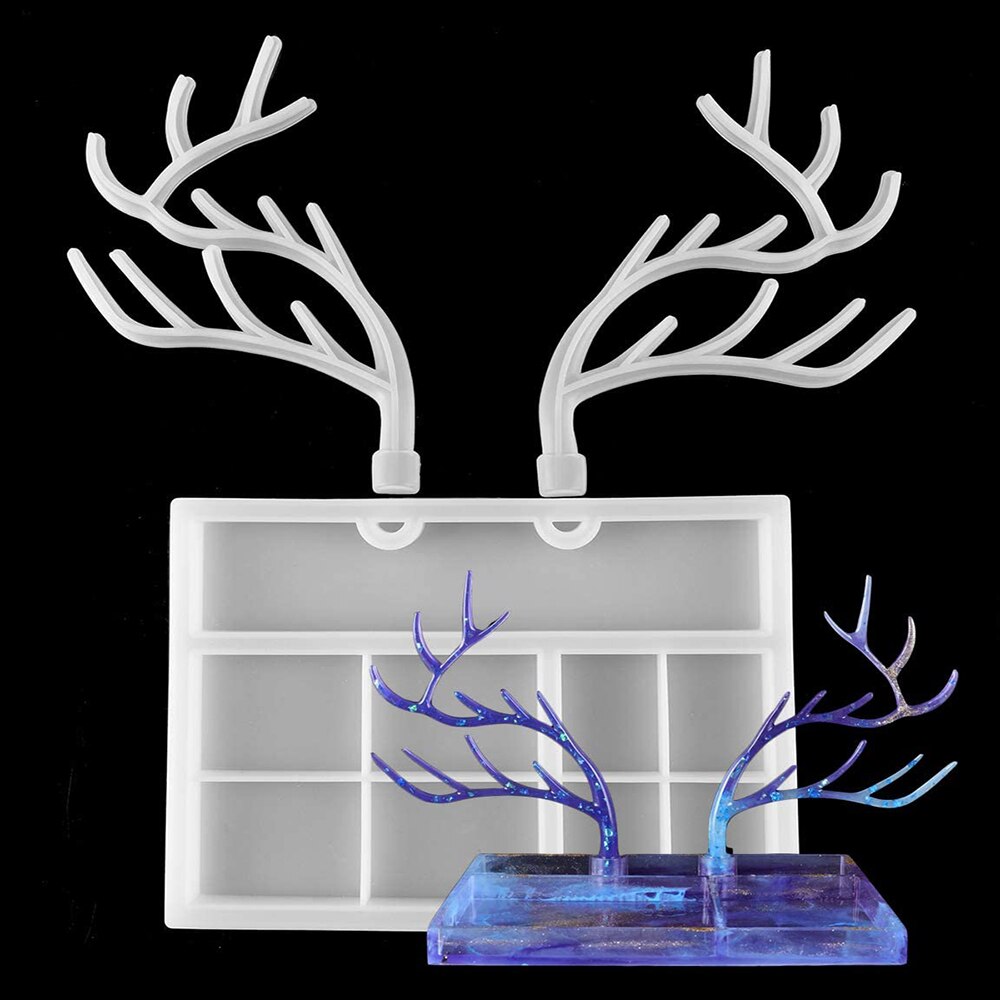 1 ensemble Silicone résine plateau cerf corne moule avec bijoux organisateur moules bois présentoir plateau époxy résine coulée moules