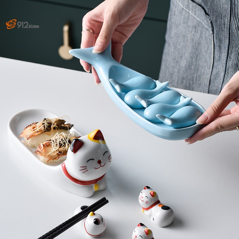 Plateau de rangement en céramique japonais plateau de rangement mignon Kitty baleine Sushi assiette Sushi vaisselle vaisselle assiettes froides de ménage