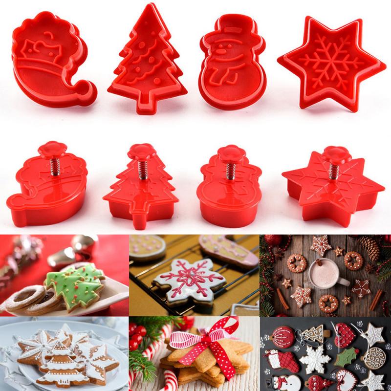 4 stks/set Food Grade Keuken Bakken Tools Plastic Kerst Mold Cookie Cutter Plunger Stempel Sterven Fondant Cake Decorating Gereedschap
