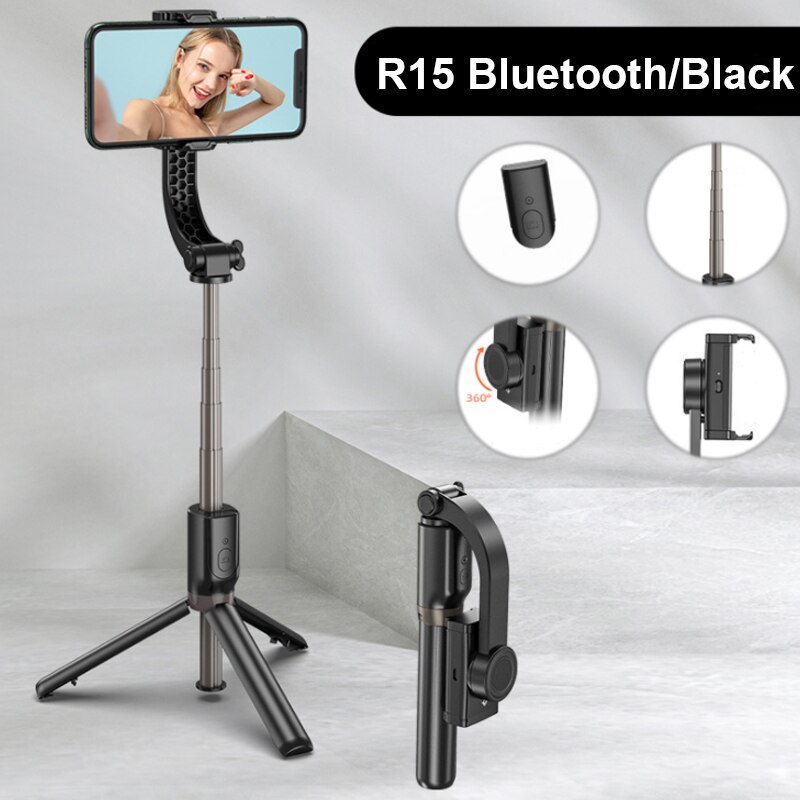 Single axis stabilizer R15 mobile phone self stick vlog video live anti shake aluminum tripod for xiaomi red note 9 for iphone12: R15 Black