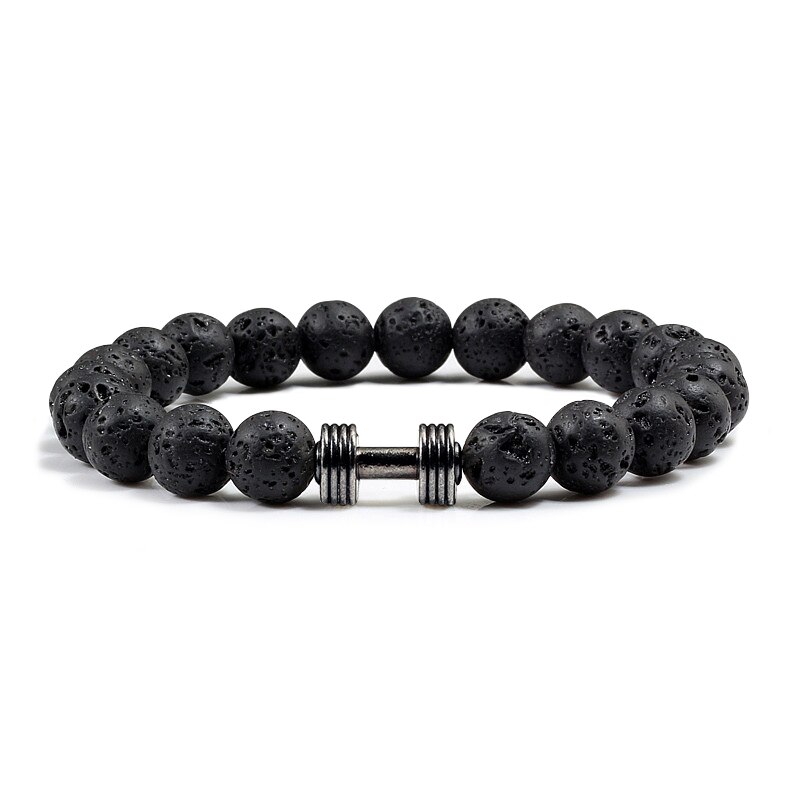 Kausalen Männer Armband Schwarz Natürliche Stein Lava Perlen Legierung Fitness gym Hantel Armbänder Armreifen Charme Frauen Männlichen Outdoor Schmuck: Black Lava Gun Black