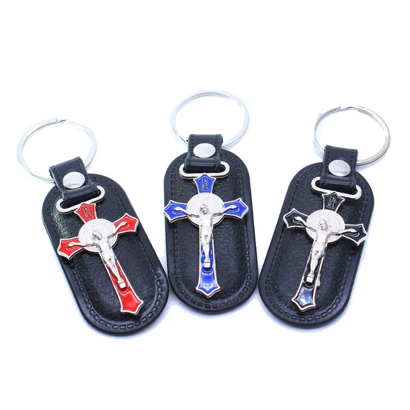 Christian Jesus Cross Lederen Sleutelhanger Religieuze Sleutelhanger Sieraden Hanger M6CE