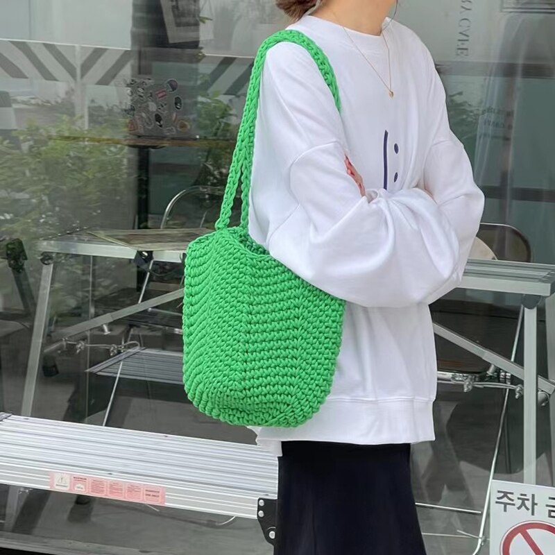 2022 Katoenen Draad Gebreide Vrouwen Handtassen Dames Netto Hollow Out Tote Vrouwen Geweven Schoudertas Strandtas Sets hele: green