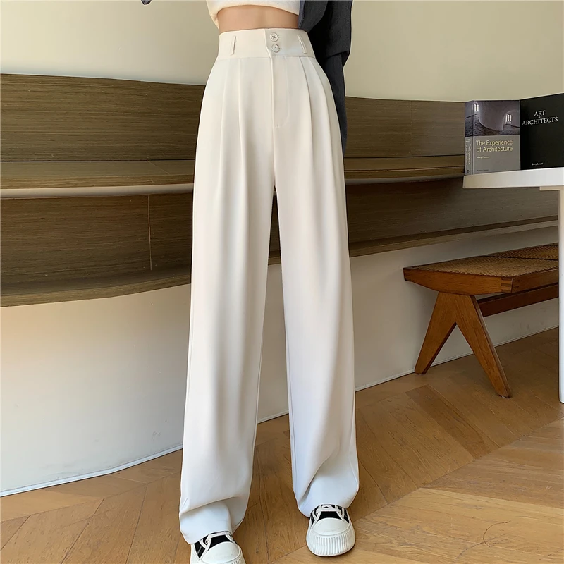 Spring Summer White High Waist Suit Wide Leg Women's Pants Female Buttons Minimalism Straight Loose Trousers: XS / army green