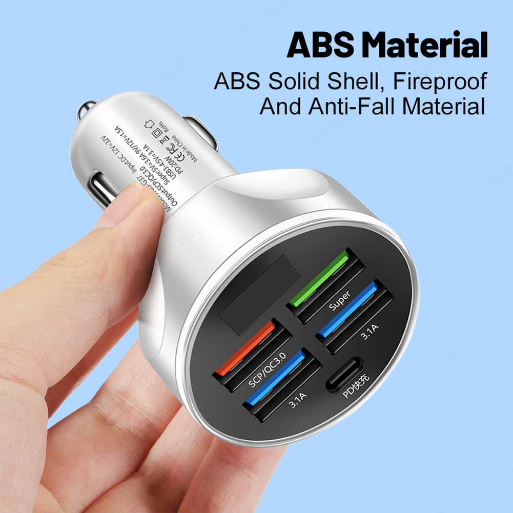 250W PD Autoladegerät 5-Hafen Schnellladung QC 3.0 USB-C Auto-praktisch-Ladegerät Typ-C-Adapter für iPhone Xiaomi Huawei
