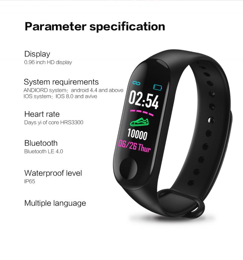 M3 Unisex Smart Wristband Color Screen Smart IP67 Waterproof Blood Pressure Heart Rate Activity Fitness Smart Watch Bracelet 9