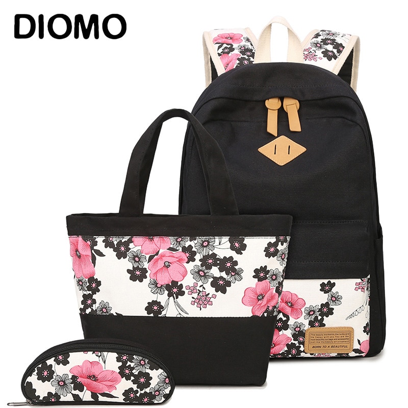 DIOMO Floral Schule Tasche Set für Mädchen Neue Frauen Rucksack Leinwand Blume Drucken Weibliche Buch Tasche 3 teile/satz