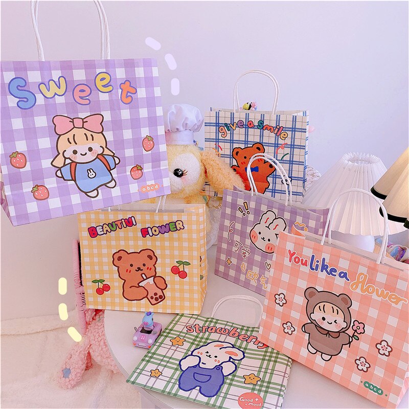 3pcs/lot Grid girl Bags Kraft Packaging Handle Paper Storage Bag for Wedding Candy Favor Bag With Handle Bag