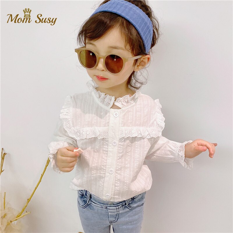 Volante para niña pequeña, Blusa de algodón para niño niña, Camisa sin mangas de manga larga, blusa blanca para otoño y primavera, ropa de bebé de 1 a 7 años