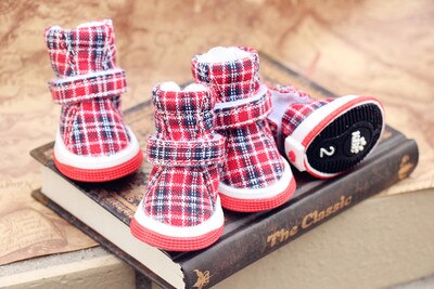 Plaid Warm Hond Schoenen Waterdicht Anti-Slip Schoenen Huisdier Voor Kleine Puppies Rassen Kat Herfst En Winter Sneeuw Boot accessoires 4 Stks/partij: 4 / Red