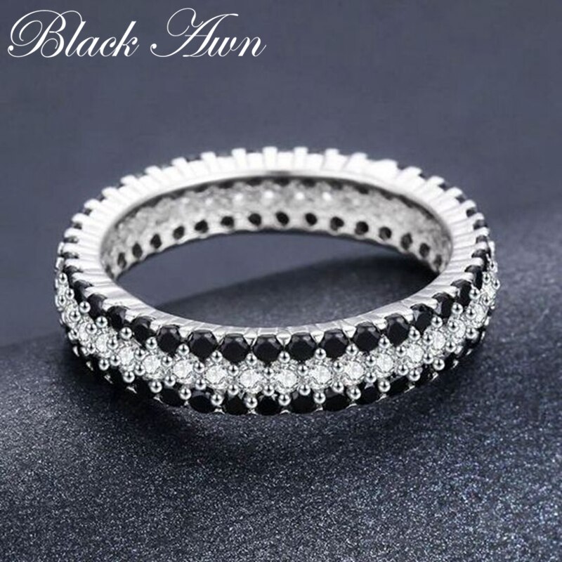 [Noir AWN] Vintage 925 bague en argent Sterling noir spinelle rond bagues de fiançailles pour les femmes bijoux en argent Sterling C443