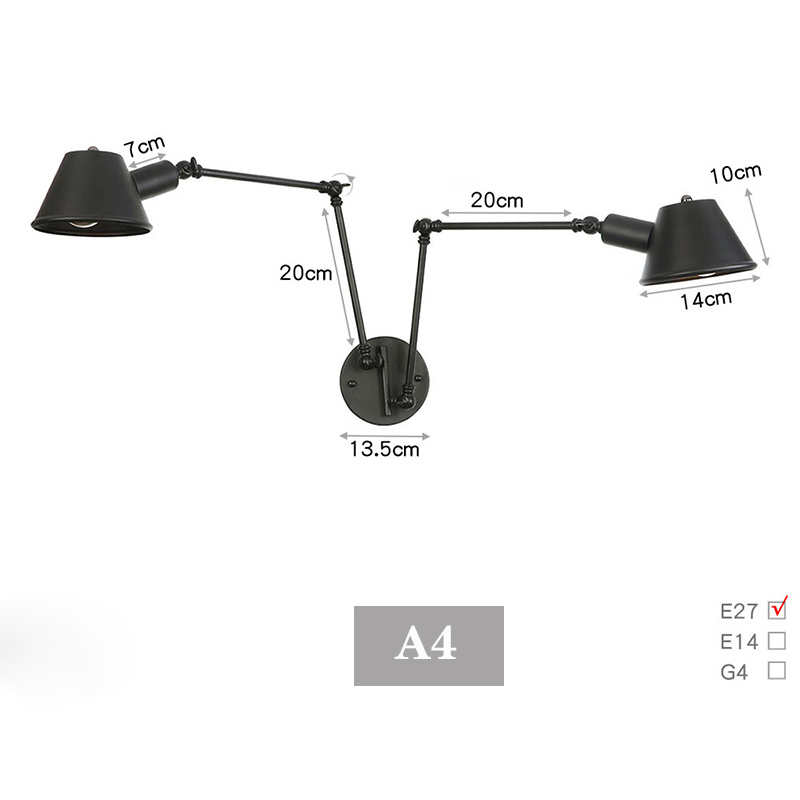 Svart rustikk årgang svømmearm vegglampe retro lange leselys på veggen justerbar jernapplikasjon murale armatur hjem