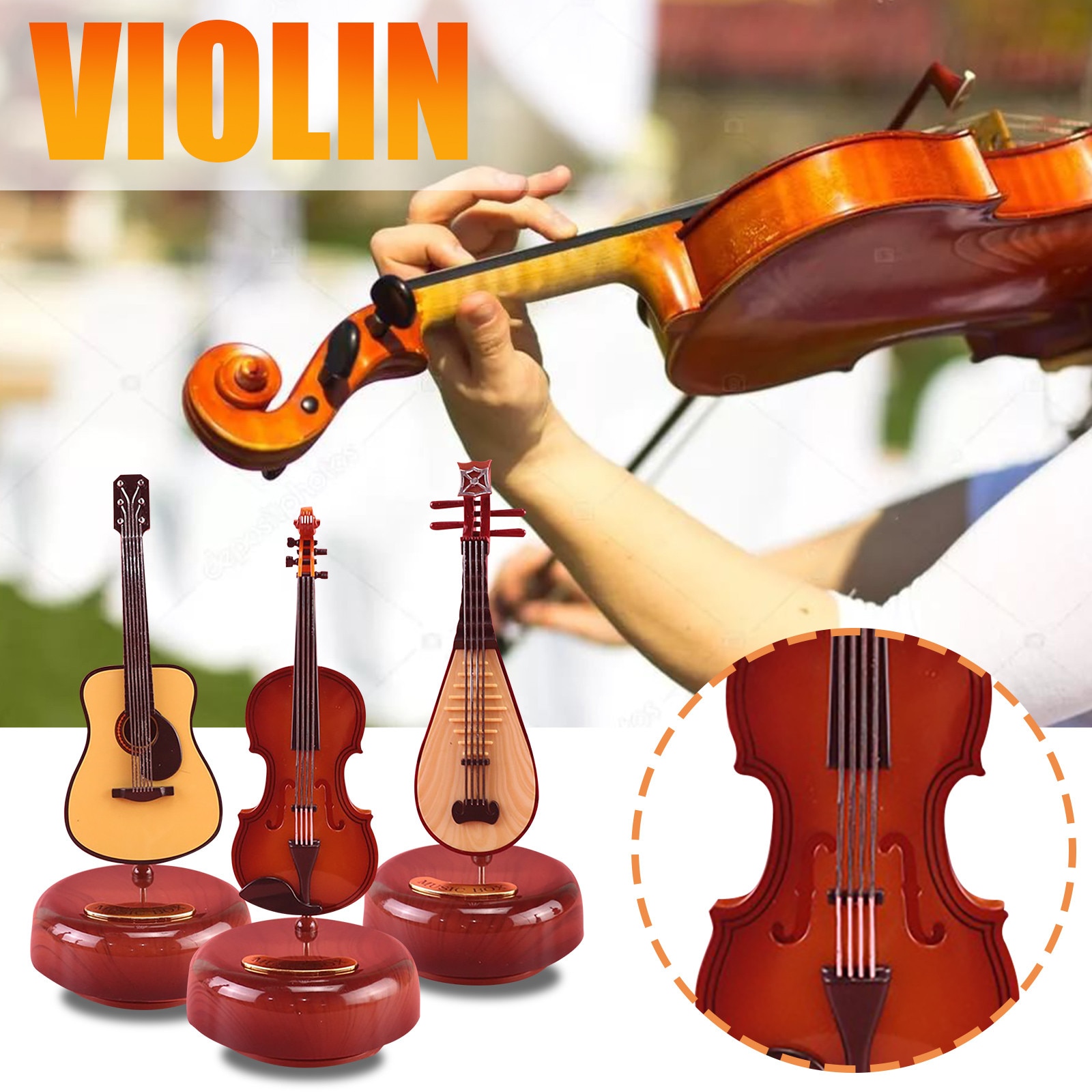 40# Violin Rotating Music Box Music Instrument Student Clockwork Violin Guitar Pipa Music Box