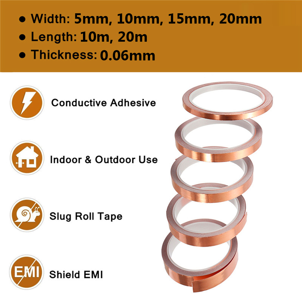 1 Roll Enkele Geleidende Koperfolie Tape Zelfklevende Emi Afscherming Warmte Weerstaan Anti-Statische Reparatie Tape 5Mm/10Mm/15Mm/20Mm