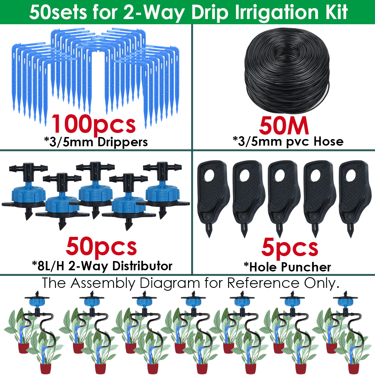 KESLA 10-100M Irrigation Watering System Kit 4-Way 2-Way 8L Drip Arrow Transmitter Dripper Sprinkler Potted Planting Greenhouse: Navy Blue