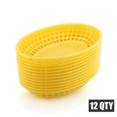 Cestas de plástico de 9,25 "para comida rápida plato ovalado para desayuno, platos de cena, patatas fritas, pastel, bandeja de barra para pan, restaurante, 12 Uds.: Yellow Tray