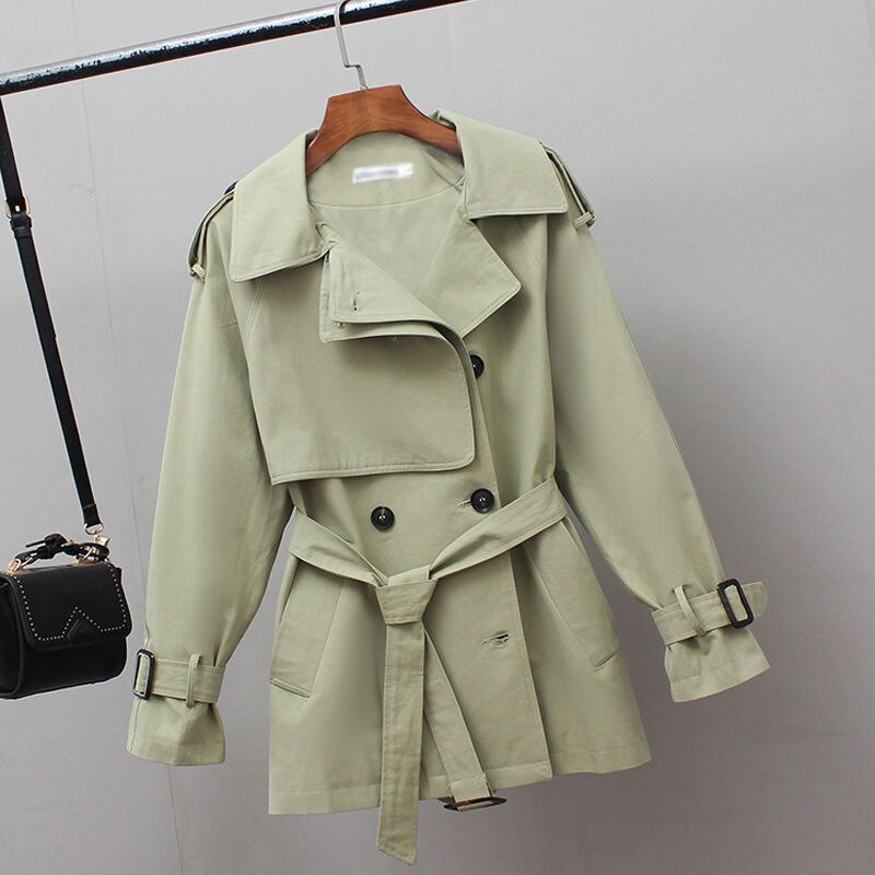 Kvinnor kort trench vår vindjacka casual lösa safari kläder stativ krage dragsko kvinnlig trench coat: Ljusgrön / M