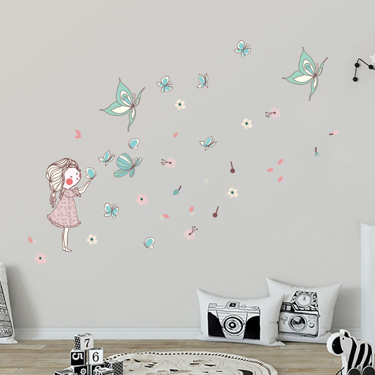 Cartoon little girl butterfly flying wall stickers children's room kindergarten mother and baby series wall stickers: Default Title