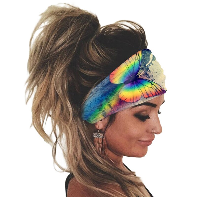 Pañuelo para correr al aire libre, cinta ancha para el pelo deportiva elástica para mujer, cinta para el pelo informal para Fitness, accesorios de ropa, diadema de ocio: Yellow-butterfly B