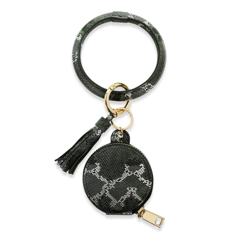 Vrouwen Oordopjes Sleutelhanger Armband Tas Lederen Polsbandje Cirkel Sleutelhanger Bangle Koptelefoon Kwastje Mini Portemonnee Met Make-Up Spiegel: Snake Black