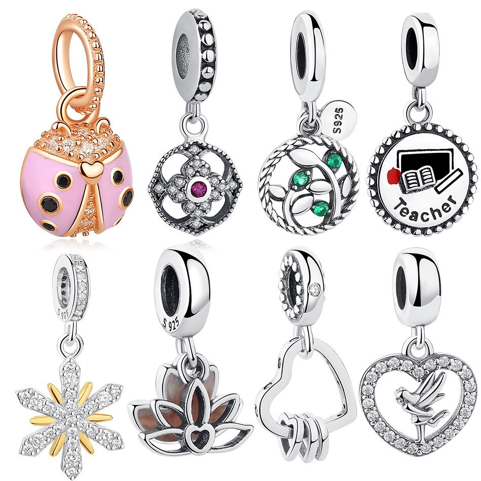 ELESHE 100% 925 Sterling Silver Bead Charm Rose Gold Pink Ladybird Charm Fit Original Bracelet Beads for jewelry making