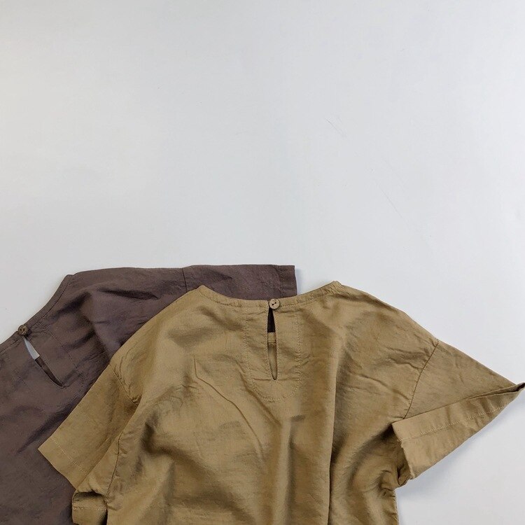 Chemise pour enfants été coréen lin coton rétro Mori chemise garçons et filles col rond chemise