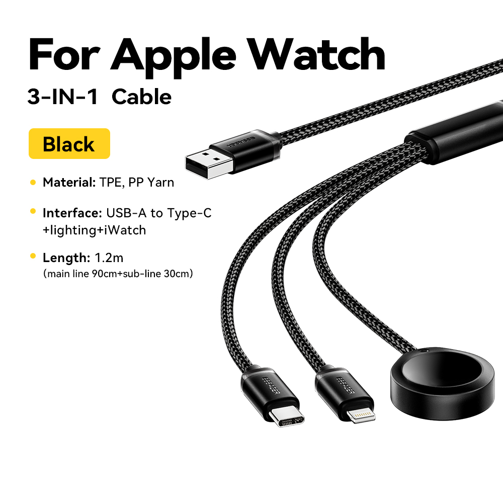 Essager 3-in-1 multi-USB A-oplaadkabel voor Apple iWatch iPhone 16/15/14/13 Pro met USB Type C Lightning snellaadkabel: Default Title