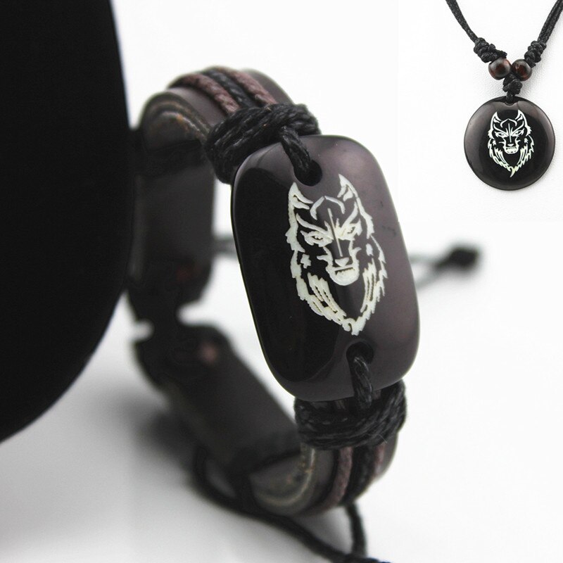 Cool Jongen mannen Hars Gesneden Totem Wolf Armbanden Vriendschap ID Lederen Armband YB22: Bracelet Necklace