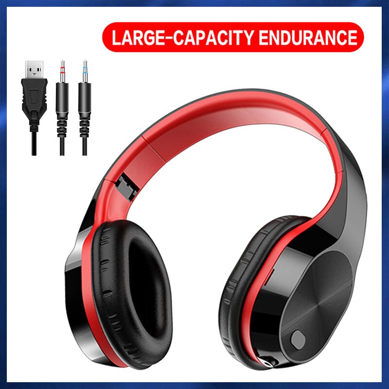 Foldable Wired Wireless Headphone 5.0 Bluetooth Wireless Earphones Stereo Earbuds Gaming Headsets With Microphone PC Laptop: black-red