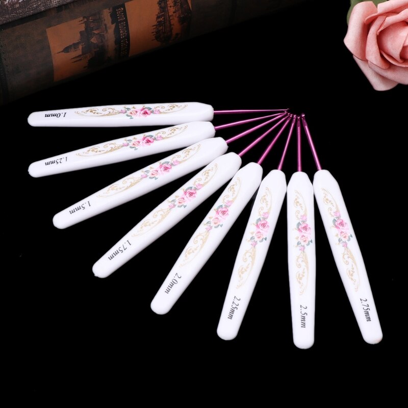 8pcs Plastic Handle Floral Aluminium Crochet Hooks Knitting Needle Set Weaving 4X7B