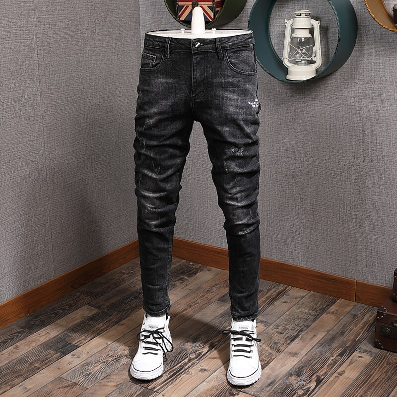 Streetwear de los hombres pantalones vaqueros de Color negro elástico Slim Fit, pantalones vaqueros de los hombres pantalones de Vaqueros pitillo estilo coreano Hip Hop pantalones vaqueros hombre: 38