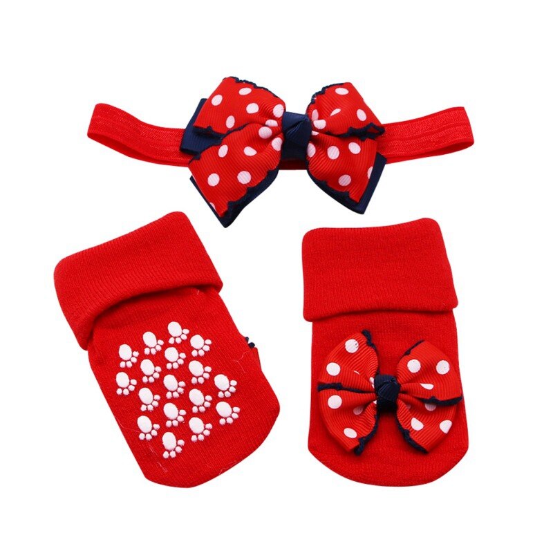 Chaussettes en coton antidérapantes pour bébés filles, 0-1T, ensemble de chaussettes mignonnes pour bébés filles, à Double couche avec nœud, avec bandeau pour cheveux