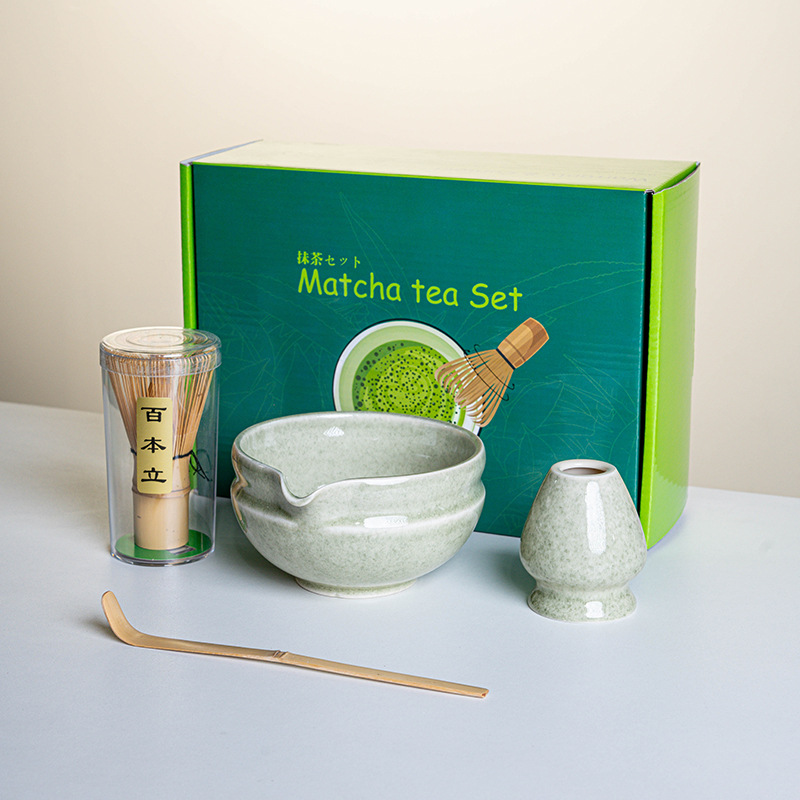 Ensemble Matcha japonais fait à la main, bol à encoche facile à nettoyer, fouet en bambou, cuillère à café, ensembles à thé, outils de préparation du thé, accessoires, 4 à 8 pièces/ensemble: Gris clair