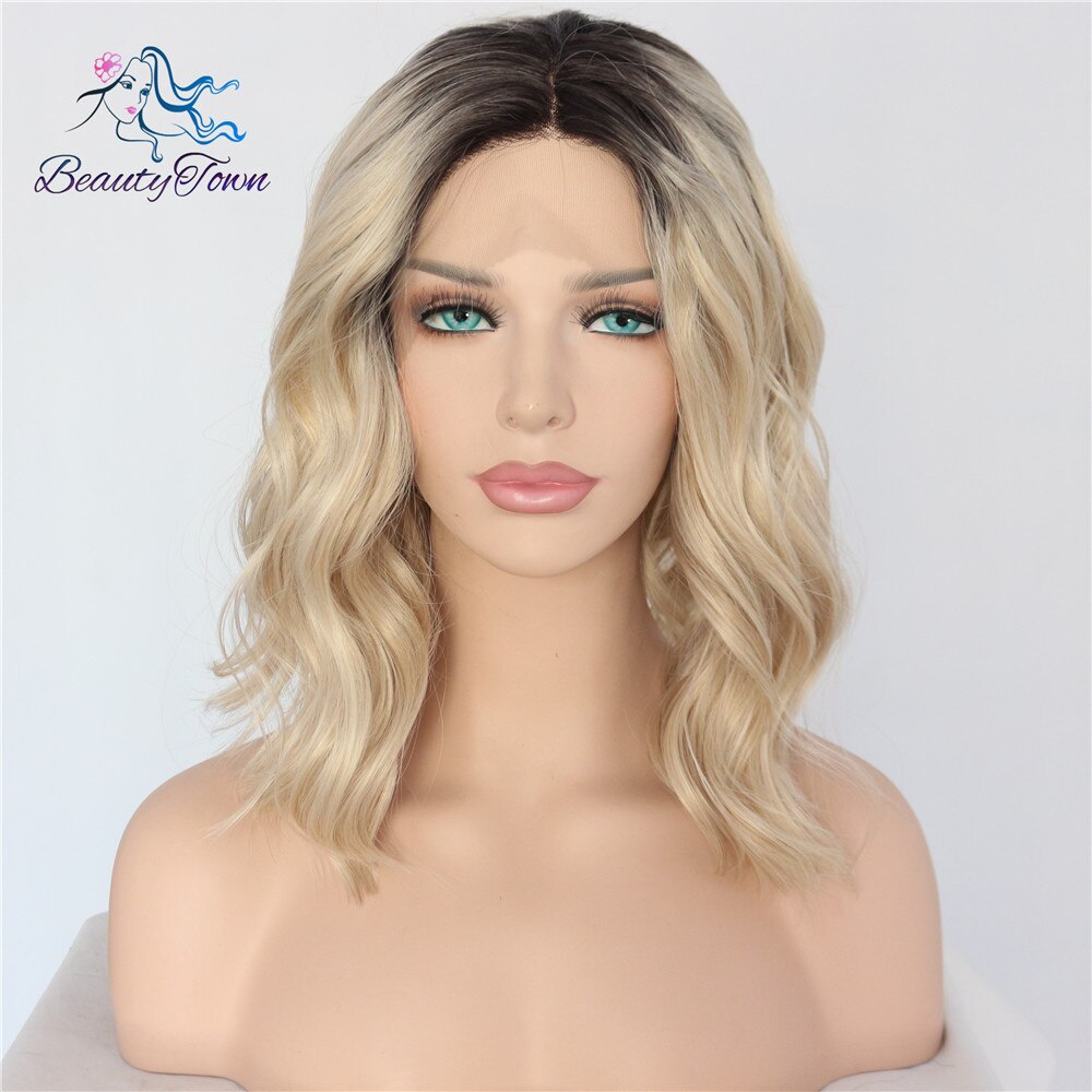 Beautytown kort ombre blond värmetålig handbunden bloggare daglig makeup syntetisk spets front bröllop halloween fest peruk