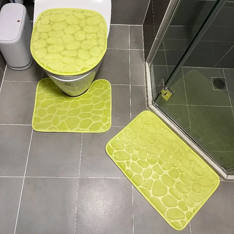 3PCS/Set Non-slip Soft Bath Mat Toilet Cover Carpet Cobblestone Embossed Floor Mat Bathroom Absorb Water Can Be Washed 욕실 매트: Yellow