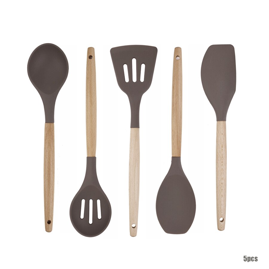 Juego de cocina de silicona antiadherente, resistente al calor, fácil de limpiar, de madera maciza, mango de madera de haya, juego de espátulas: Champagne Grey-5pcs