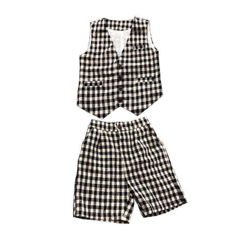 Ensemble de Costume formel à carreaux pour enfants, Costume de spectacle de fête pour garçons, Blazer et short, 2 pièces, été, automne: vest shorts / 10T