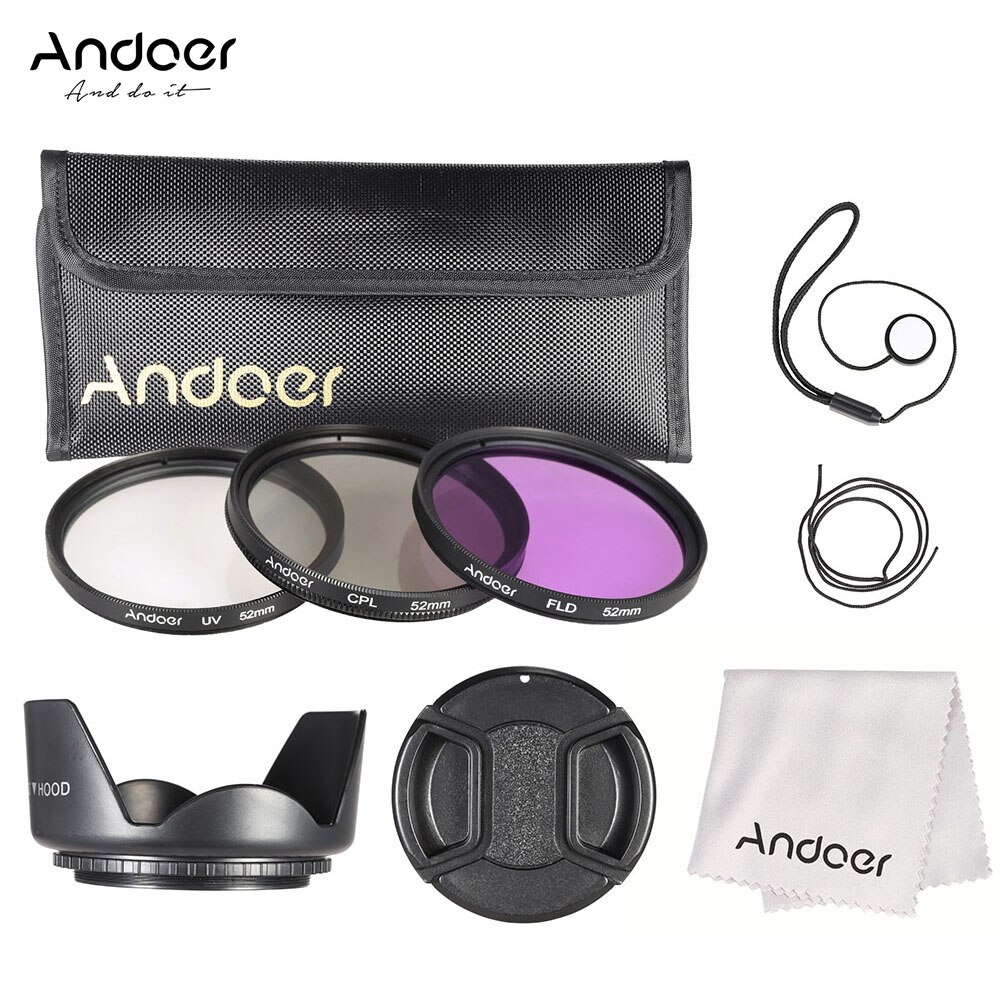 Andoer 52mm Lens Filter Kit UV + CPL + FLD Lens Filter + Nylon Carry Pouch + Lens Cap + Cap Houder + Hood + Reinigingsdoekje